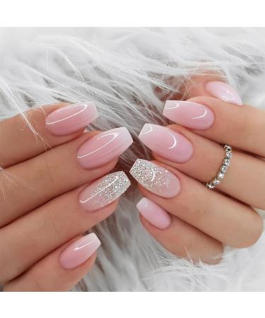 24ps Press on Nails Medium Length Pink Gradient Square Nails with Glitter fake Nails Design Full Cover Stick on Nails Glossy Artificial False Nails with Glue on Nails for Women Pink2