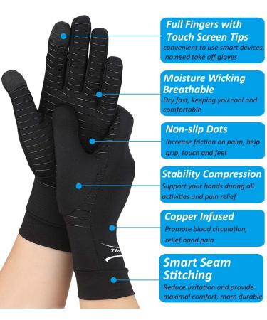 Copper Arthritis Gloves with Touch Screen - 2 Pairs Full Finger Compression Gloves for Men Women - Relieve Hand Pain, Swelling, Carpal Tunnel - Support Wrist and Hand Joint - Black Large - Buy Online on GoSupps.com