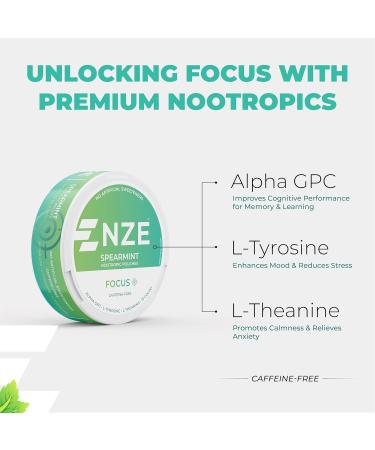 NZE Caffeine Free Nootropic Pouches (Spearmint) - Nootropic Pouches with Alpha GPC L-Tyrosine & L-Theanine - No Sugar or Artificial Sweeteners - 15 Nicotine Free Pouches Per Can - 5 Pack - Buy Online on GoSupps.com