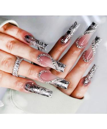 24pcs Trendy Silver Long Square Coffin Fake Nail Silver Rhinestone 3D Press on Nails Luxurious Nails Acrylic Nails Fake Nails For Women Girls