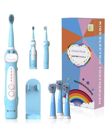 Dinosaur Electric Toothbrush Kids Sonic Toothbrush for Children Toddlers Boys Girls Age 3-12 with 30s Reminder 2 Mins Timer 5 Modes 4 Brush Heads Rechargeable Wall-Mounted Holder 8680 Blue+ 4 Heads+ Holder