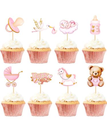 Keaziu 32 Pack Baby Girl Cupcake Toppers It's a Girl Cupcake Picks Pink Bear Nipple Feeder Trojans Stroller Baby Shower Birthday Party Decoration Pink Girl