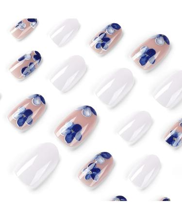 Mouyouglow Press On Nails - Short Almond White Nude Blue Flowers | Fake Nails with Glue | Gold Dust Acrylic Fingernails Q22 - International Shipping Available - Buy Online on GoSupps.com