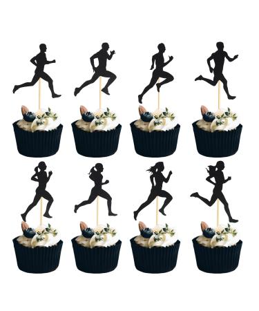 Arthsdite 24Pcs Running Cupcake Toppers Sports Fitness Cupcake Picks for Running Theme Boys Girls Birthday Party Cake Decorations Supplies - Black Glitter