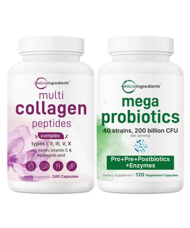 Micro Ingredients 8-in-1 Multi Collagen Pills & Mega Probiotics 200 Billion CFU Veggie Capsules | 2 Pack Bundle | Hydrolyzed Peptides + Hyaluronic Acid & Vitamin C | 40 Strains + Inulin & Bromelain