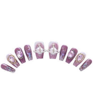 PN-018 Press-On Nails Varnished 10 Pieces Reusable False Nails Y2K Glamour Pearls Crystal Rhinestones Pink