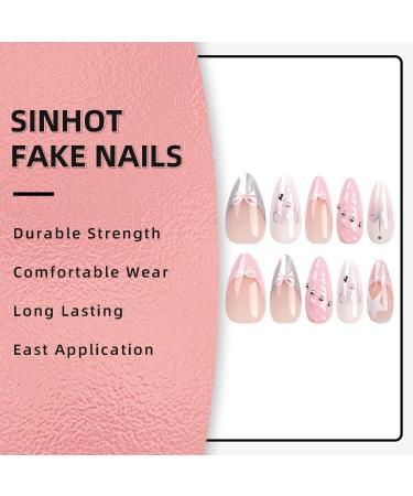 SINHOT Y2K Press on Nails - Medium Almond & Stiletto - 24pcs Pink 3D Bowknot Acrylic Fake Nails with Glue - Buy Online on GoSupps.com
