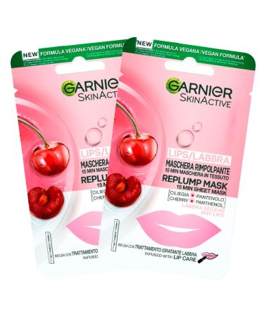 2x Garnier Skinactive Plumping Sheet Mask for Dry Lips Cherry Flavour - 2 Packs with 1 Disposable Treatment