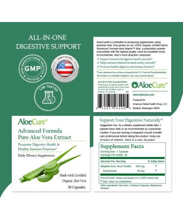 AloeCure Organic Aloe Vera Capsules 160 000mg Inner Aloe Leaf Equivalent per Serving Support Gut Digestive & Immune Health Helps Maintain Balanced Stomach Acidity Aloin Free 30 Capsules 1 Bottle (30 Capsules) - Buy Online on GoSupps.com
