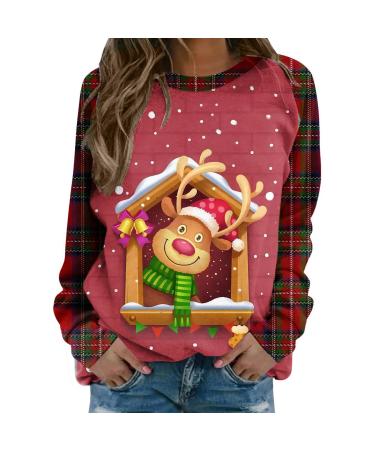 Women's Christmas Sweatshirts Cute Snowman Penguin Print O-Neck Raglan Top Shirt Pullover Comfy Warm Xmas Jumper Winter Long Sleeve Tops Loose Tunic Top Sweaters Watermelon Red XL
