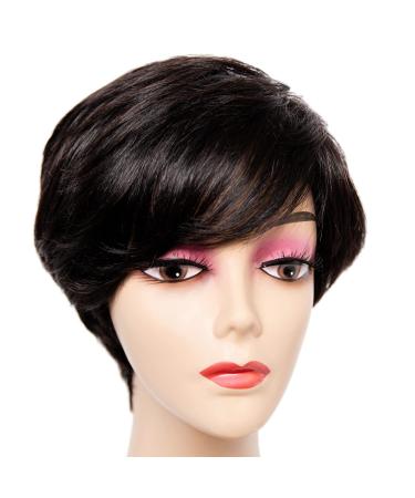 Unonet Pixie Cut Wig with Bangs Human Hair Short Wigs for Women Short Pixie Cut Wigs Black Brazilian Virgin Hair Layered Wavy wigs Party Daily Use (Natural Black) 1B