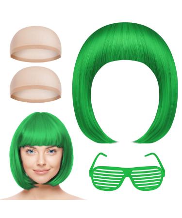 AOMIG Short Bob Wig for Women 4 Pack Short Green Bob Wigs Set with Sunglass and Wig Cap Neon Fancy Dress Accessory Cosplay Wig with Bangs Synthetic Straight Wig for Daily Halloween Party Cosplay