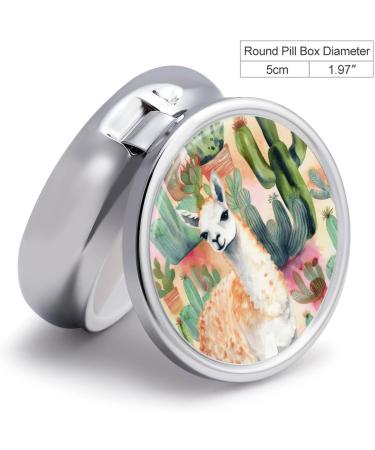 Round Pill Box - White Alpaca Watercolor & Cactus Print | 3 Compartment Portable Pill Organizer - Decorative Metal Pocket Pill Case for Medication - Buy Online on GoSupps.com