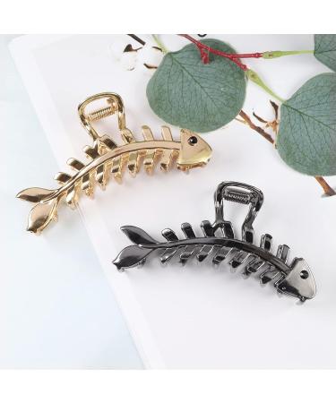2 Pcs Large Fish Bone Hair Clips - Non-slip Metal Hair Claw Clips in Black and Gold for Thick or Thin Hair - Geometric French Hair Grip Accessories for Women - Buy Online on GoSupps.com