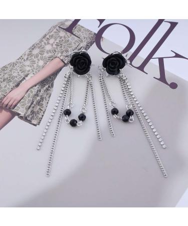 Punk Black Rose Flower Earrings | Rhinestone Chain Drop Tassel Earrings for Women | Silver CZ Ear Cuff Jewelry - Buy Online on GoSupps.com