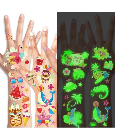 Hawaiian Tropical Flamingo Glow in the Dark Tattoos - Set of 120+ | Summer Pool Party Decoration for Kids - Buy Online on GoSupps.com