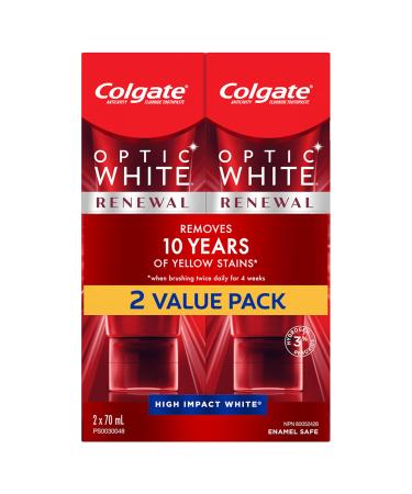 Colgate Optic White Renewal Toothpaste 70 mL (Pack of 2) High Impact White Contains 3% Hydrogen Peroxide Removes 10 Years of Yellow Stains Enamel Safe Sugar Free Gluten Free & Vegan Whitening 70 ml (Pack of 2)