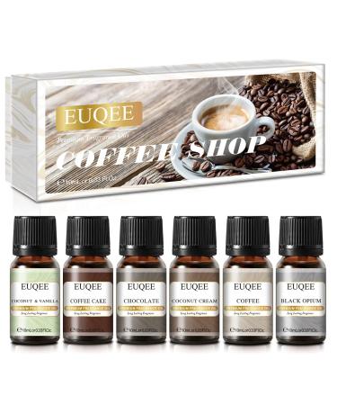 EUQEE 6PCS Premium Grade Fragrance Oils Set for Coffee Shop-10ml-Coffee, Coffee Cake, Chocolate, Coconut Cream, Coconut& Vanilla, Black Opium