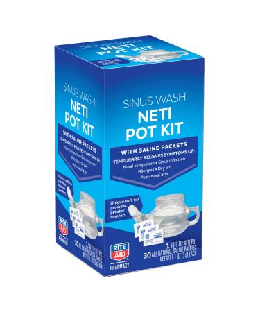 Rite Aid Neti Pot Nasal Rinse Kit with 30 Salt Packets - 1 Kit | Sinus Rinse for Adults & Children | Sinus Relief | Allergy Relief Saline Solution | Nasal Rinse | Sinus Relief Rinse Kit