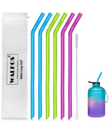WALFOS 14.5 inch Extra Long Reusable Silicone Straws Big Sizes Flexible Bendable Straws for 1/Half Gallon Large Water Bottles 128 75 64 40 OZ Tumbler with Cleaning Brush (6-Pack) Extra Long Size 14.5 inch (Diameter 0.4")