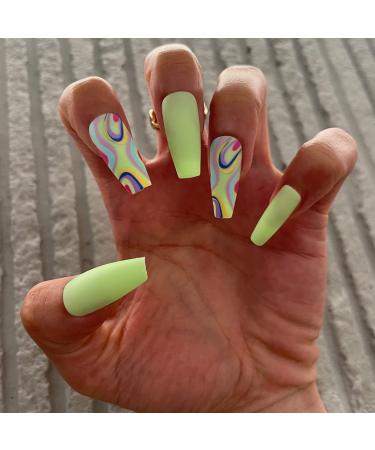 24 pieces of coffin nails to stick out medium length green French tips artificial nails ballerina natural artificial nails press on nails with design square fingernails fingernails fake nails for women and girls