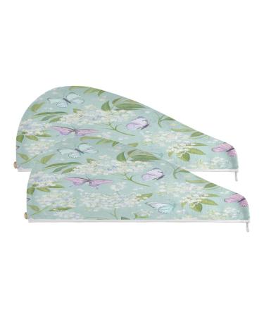 Butterflies Dry Hair Cap 2 Piece Quick Drying Towel Set with Button Headband Super Absorbent Soft & Comfortable