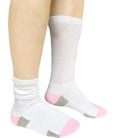 Women's Non-Binding Diabetic Socks - Wide Top, Loose Fitting, 4 Pairs White/Pink - Ideal for Diabetes, Edema, Medical, Hospital, Thick Ankle, Crew, Casual Dress Sox - Buy Online on GoSupps.com