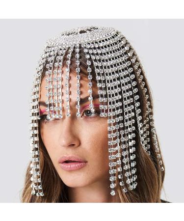 Earent Tassel Rhinestone Cap Headpiece | Silver Crystal Head Chain | 1920s Hair Accessories for Women | Belly Dance Party Cap | Bridal Head Jewelry - Buy Online on GoSupps.com