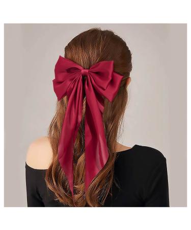 Inilbran Vintage Silk Bow Hair Clips Red Bowknot Long Silk Tail Bow Clip Large Hair Accessories for French Hair Bowknot Clip