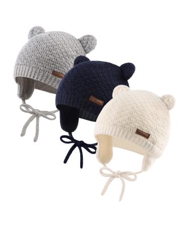 XIAOHAWANG Baby Earflap Beanie Hat Soft Baby Boy Knit Beanies Cute Bear Infant Toddler Girl Hats Autumn Winter 0-6 Months 3pcs-b
