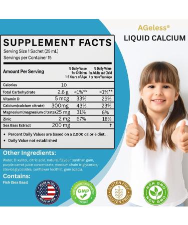 Ageless Kids Liquid Calcium Supplement, to Growing Bones, Vitamin D, Zinc, and Magnesium, with Sea Bass Extract - High Absorption, Immune Support, Gluten-Free - 25 ml (15 Count) - Buy Online on GoSupps.com