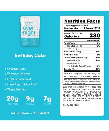 Oats Overnight Birthday Cake Shake - High Protein, Low Sugar, Gluten Free, Non GMO Oatmeal - 8 Pack 2.7 oz Meals - Buy Online on GoSupps.com