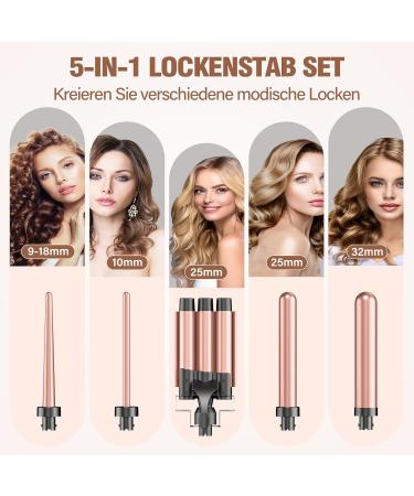 Locken Bars 3 Barrels Curling Iron Set - 5 in 1 Adjustable Temperature Ceramic Curlers with Fast Heating Glove & Clips - New Rose Gold for Large Petropes - Buy Online on GoSupps.com