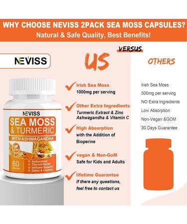 Organic Sea Moss Capsules 2 Pack - New Formula with Turmeric & Ashwagandha - Rich in Iodine - Immune & Digestive Support - Thyroid Supplement - Gut Cleanse - Seamoss Pills - 120 Capsules - Buy Online on GoSupps.com