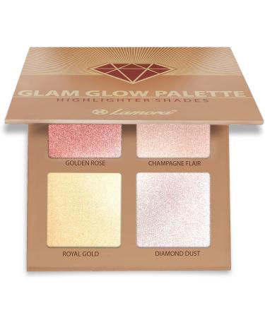Highlighter Makeup Palette Face Powder Kit - With Mirror For Light To Medium Dark Skin - 4 Highly Pigmented Shimmer Colors For Highlighting and Contouring - Vegan Cruelty Free And Hypoallergenic Gold
