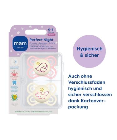Mam Perfect Night Pacifier Set - Glow in the Dark Tooth-Friendly Eco-Friendly Baby Pacifiers with Box | 0-6 Months - Bird & Fox Design (2-Pack Pink/Beige) - Buy Online on GoSupps.com