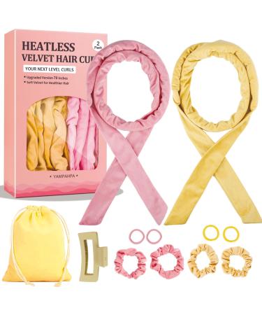Heatless Overnight Curling Rod Set - 70" Soft Velour Hair Rollers for Long Curls Sleep-in Lazy Curlers Champagne & Pink