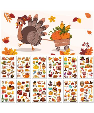 200 PCS Thanksgiving Temporary Tattoo Kids Lovely Turkeys  Owls  Squirrels  Pumpkins  Maple Leaves  Food  Autumn Harvest Turkey Day Decoration  Boys and Girls Face Stickers Holiday Party Supplies12 Sheets