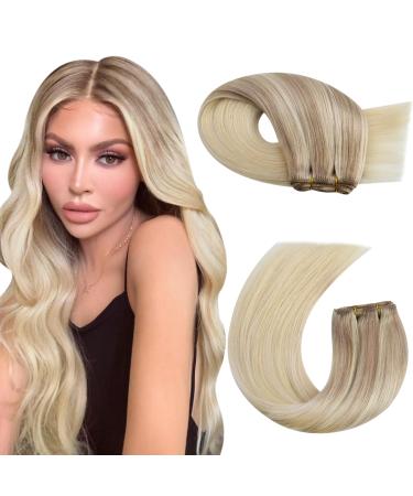 Moresoo Blonde Weft Hair Extensions Real Human Hair Ash Blonde to Medium Blonde with Platinum Blonde Sew in Hair Extensions Double Weft Human Hair Extensions 16 Inch 100g/Pack #18/22/60 16 Inch(Pack of 1) WEFT #18/22/60