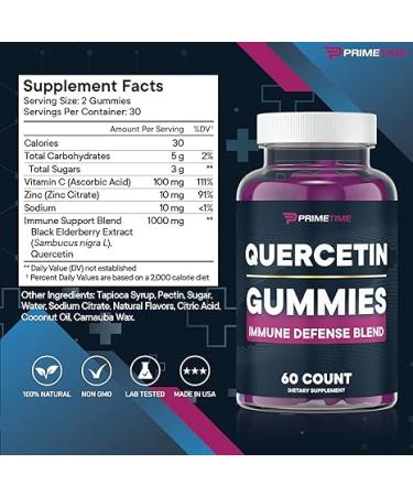 Primetime Sports Quercetin + Zinc + Vitamin C 1000mg Gummies with Elderberry - Immunity Booster for Kids & Adults - Vegan - 2 Pack (120 Gummies) - Buy Online on GoSupps.com