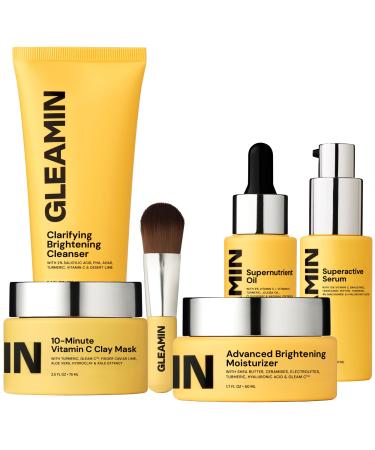 Gleamin Brightening Skincare Bundle Mask Serum Cleanser Moisturizer & Oil for Dark Spots Uneven Tone and Glowing Skin Complete Vitamin C Skincare Routine