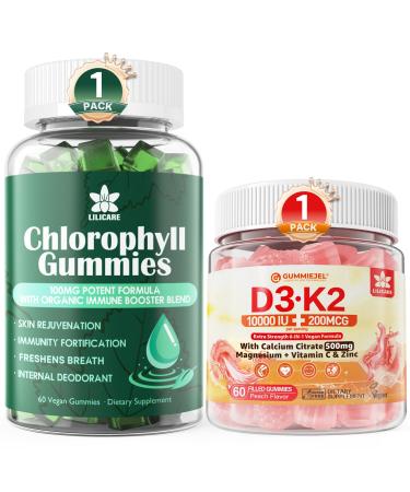 LILICARE Chlorophyll Gummies + Vitamin D3 K2 Gummies 5000IU / 10 000 IU with 500mg Calcium