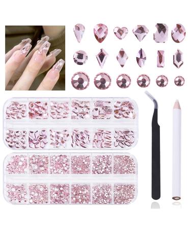 3120 Light Pink Diamond Nail Rhinestones HOINCO Crystal Nail Rhinestones 3D Mixed Size Crystal AB Flat Bottom Gemstone for Nail Art DIY Craft Decoration with Crayon Tweezers
