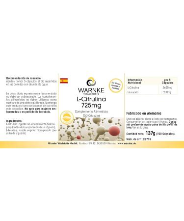 Citrulline Capsules 725mg - Vegan Amino Acid Supplement - 150 Capsules | Warnke Vitalstoffe - Buy Online on GoSupps.com