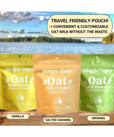 Magic Oats Oat Milk Powder. Non Dairy Creamer. Vegan Coffee Creamer. Gluten Free. Dairy Free. No Added Sugar. Lactose Free & Nut Free Almond & Soy Milk Alternative. 112g (3 Pack Variety) Vanilla Original & Salted Caramel Variety 166.67 ml (Pack of 3) - Buy Online on GoSupps.com