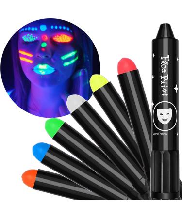 Auto Glow Face Paint  SayingArt 2-Way Neon Glow With/Without Blacklight Face Paint Kit For Kid  Non Toxic Water Reactive Glow In Dark Face Paints Crayon UV Body Painting Makeup (6 Colors) Multicolor 2-Way Glow 6pcs