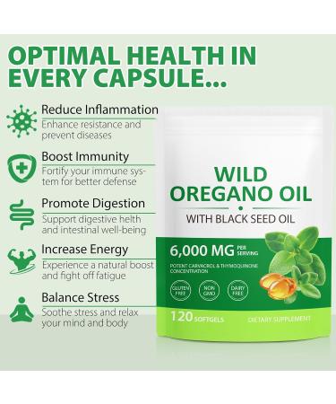 Oil of Oregano with Black Seed Oil 6000mg Oregano Oil Capsules Organic with Black Seed Oil 200mg Wild Oregano Oil Immune and Antioxidant Support Non-GMO Gluten Free (120 pieces of white and green) 1 Count (Pack of 120) - Buy Online on GoSupps.com