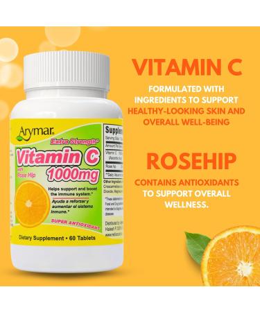 Arymar Vitamin C 1000 mg with Rosehip Extract 30 mg - High-Potency Vitamin Supplement - 60 Tablets - Buy Online on GoSupps.com