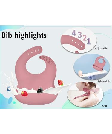 Hoseay Baby Weaning Set - 5 Pcs Silicone Feeding Set with Suction Bowl, Plate, Fork, Spoon, Bib - Baby Led Weaning Supplies for Kids/Toddlers in Pink - Buy Online on GoSupps.com