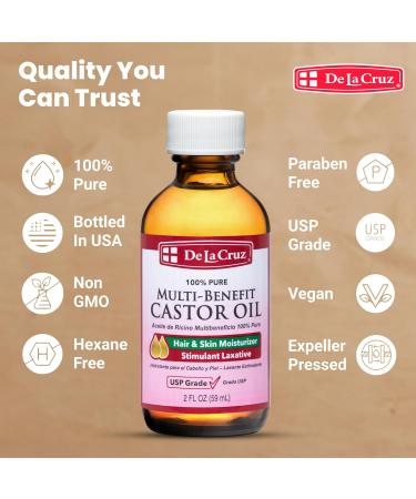 De La Cruz Castor Oil - 100% Pure Castor Oil for Hair Skin Eyelashes and Eyebrows - USP Grade 2 FL OZ (6 Glass Bottles) - Buy Online on GoSupps.com